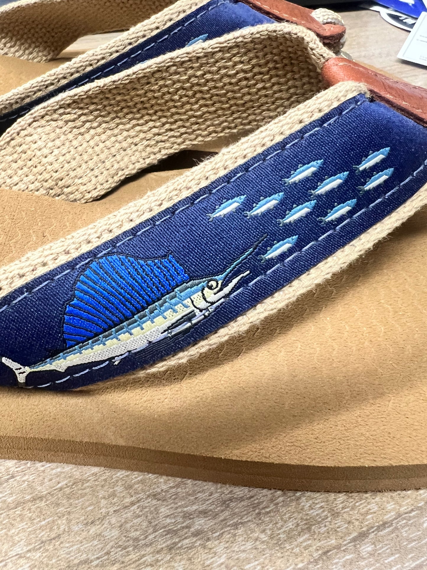 ZEP-PRO Canvas Sailfish Chase Flying Fish Navy Ribbon Flip Flop Men's Sandals.