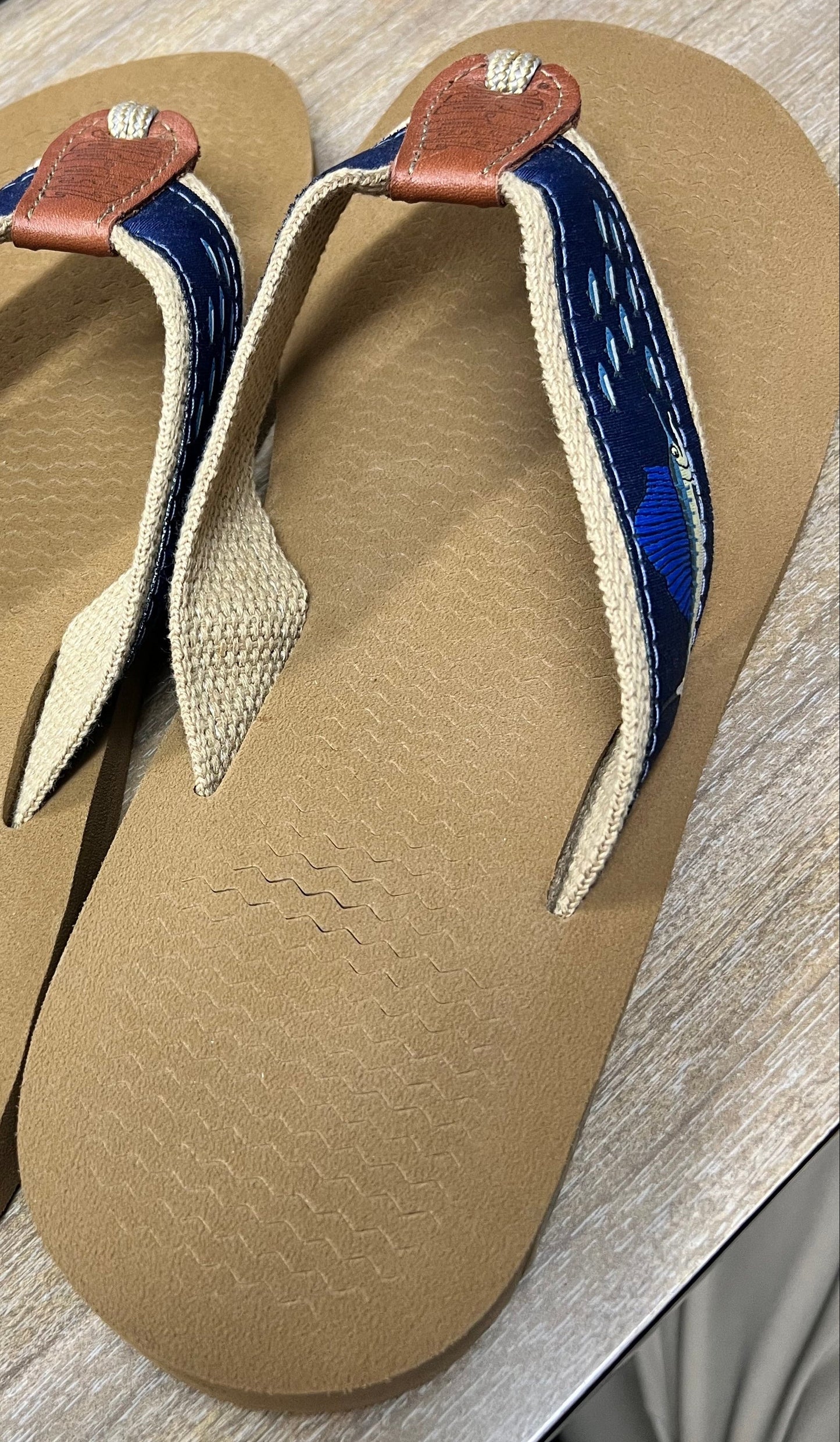 ZEP-PRO Canvas Sailfish Chase Flying Fish Navy Ribbon Flip Flop Men's Sandals.