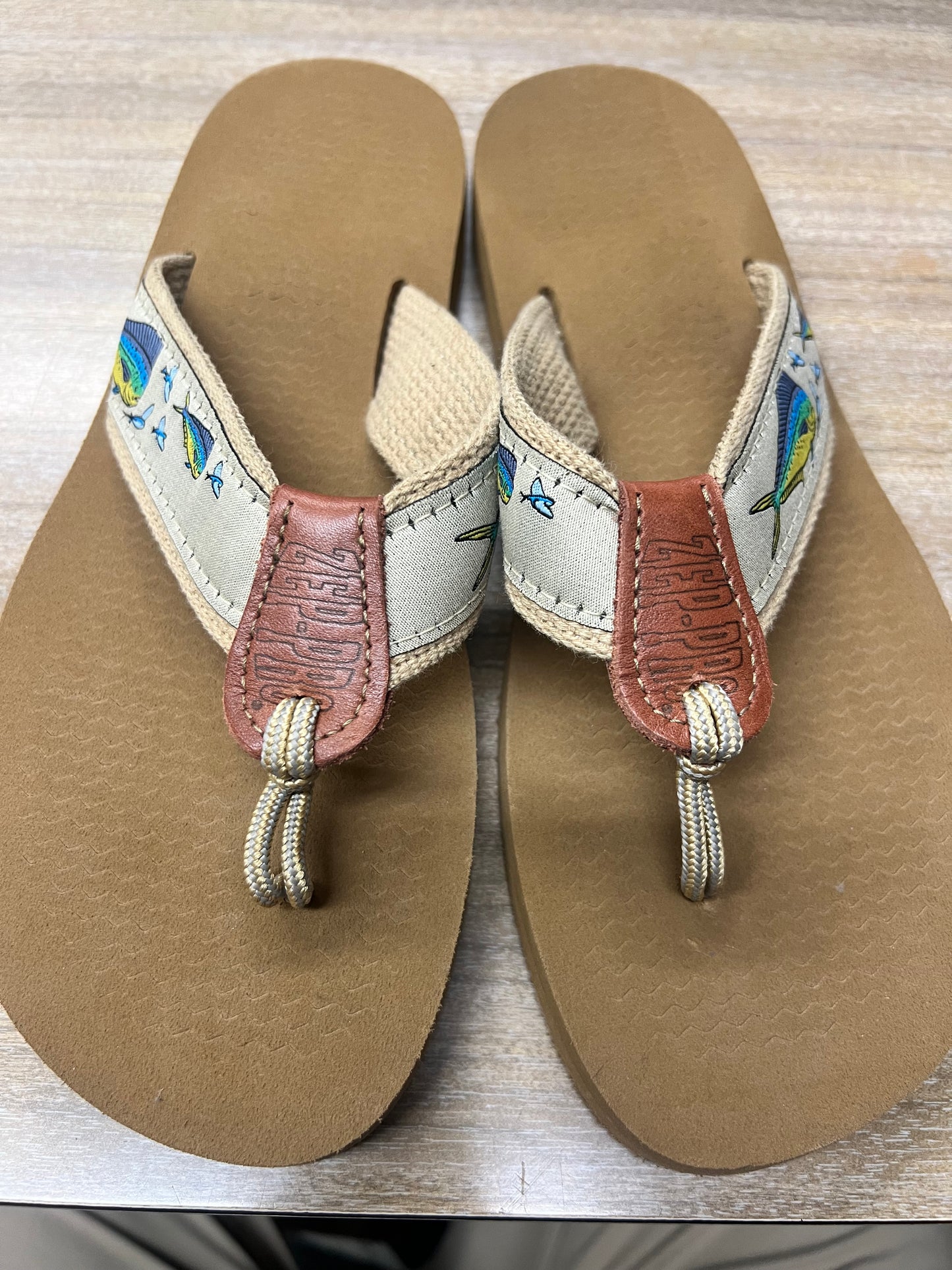 Zep-Pro Men's Mahi Dolphin Tan Sandal Flip Flop Flying Fish.