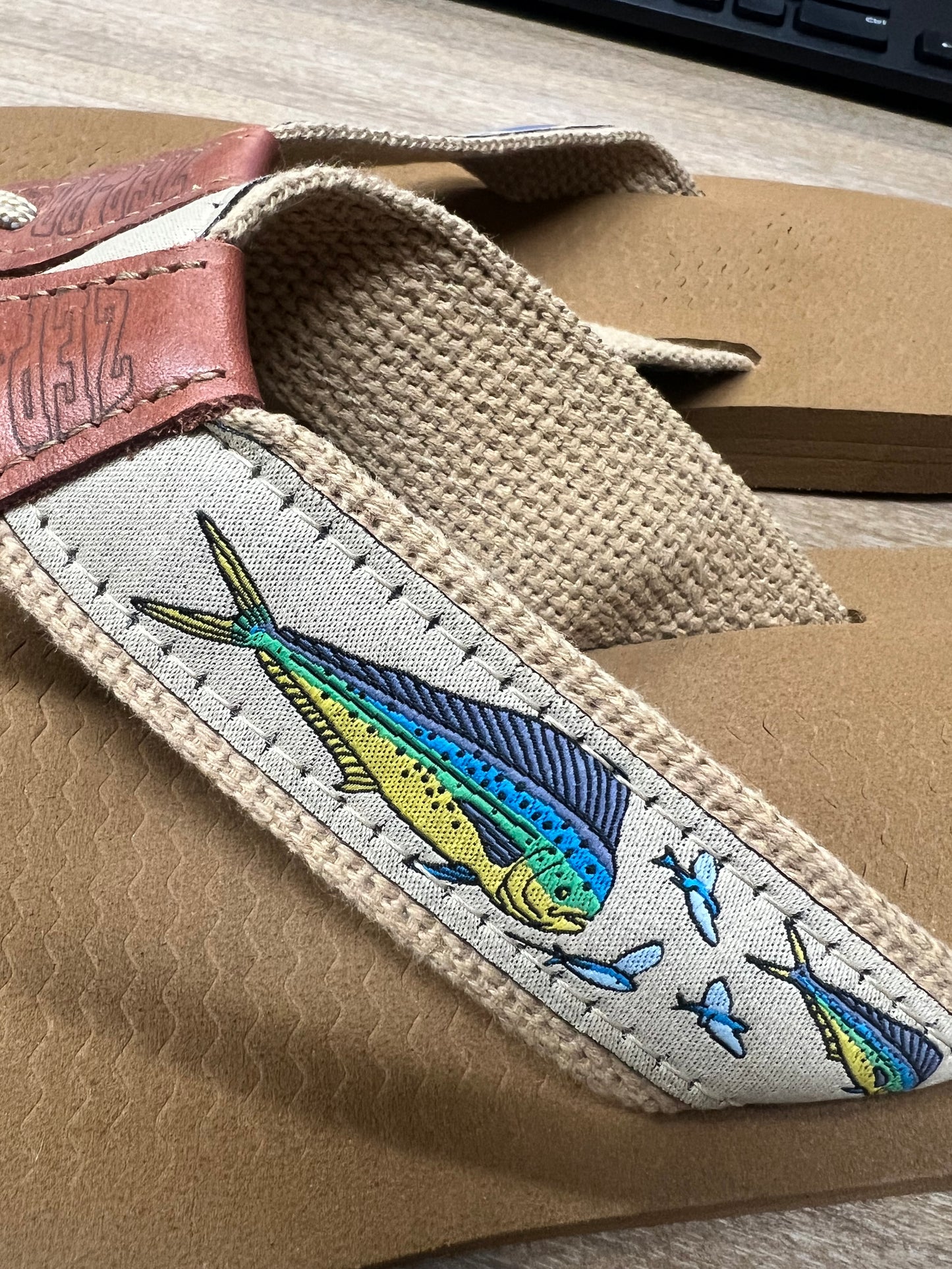 Zep-Pro Men's Mahi Dolphin Tan Sandal Flip Flop Flying Fish.