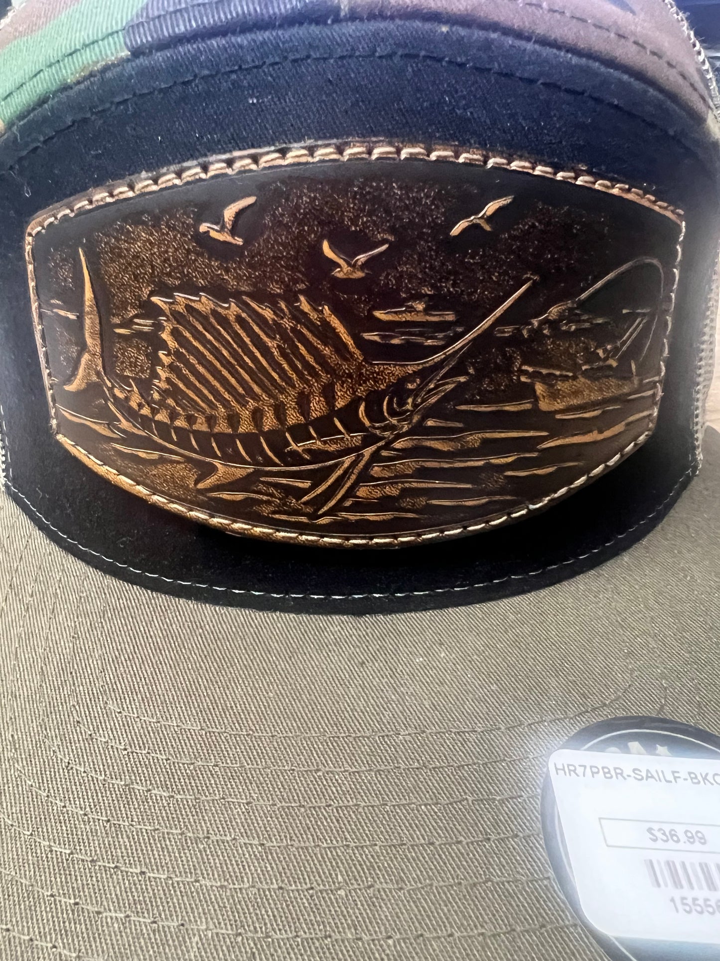 Zep-Pro 7 Panel Hat Black/Camo Sailfish Hat Adjustable Leather Patch