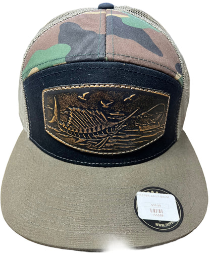 Zep-Pro 7 Panel Hat Black/Camo Sailfish Hat Adjustable Leather Patch
