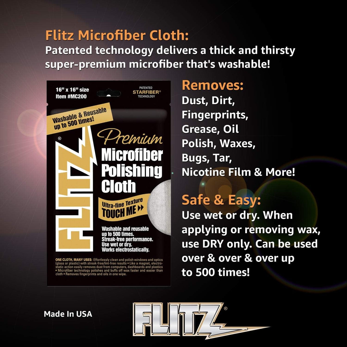 FLITZ MC-200 Reusable Microfiber Polishing Cloth - 16" x 16" Inch.