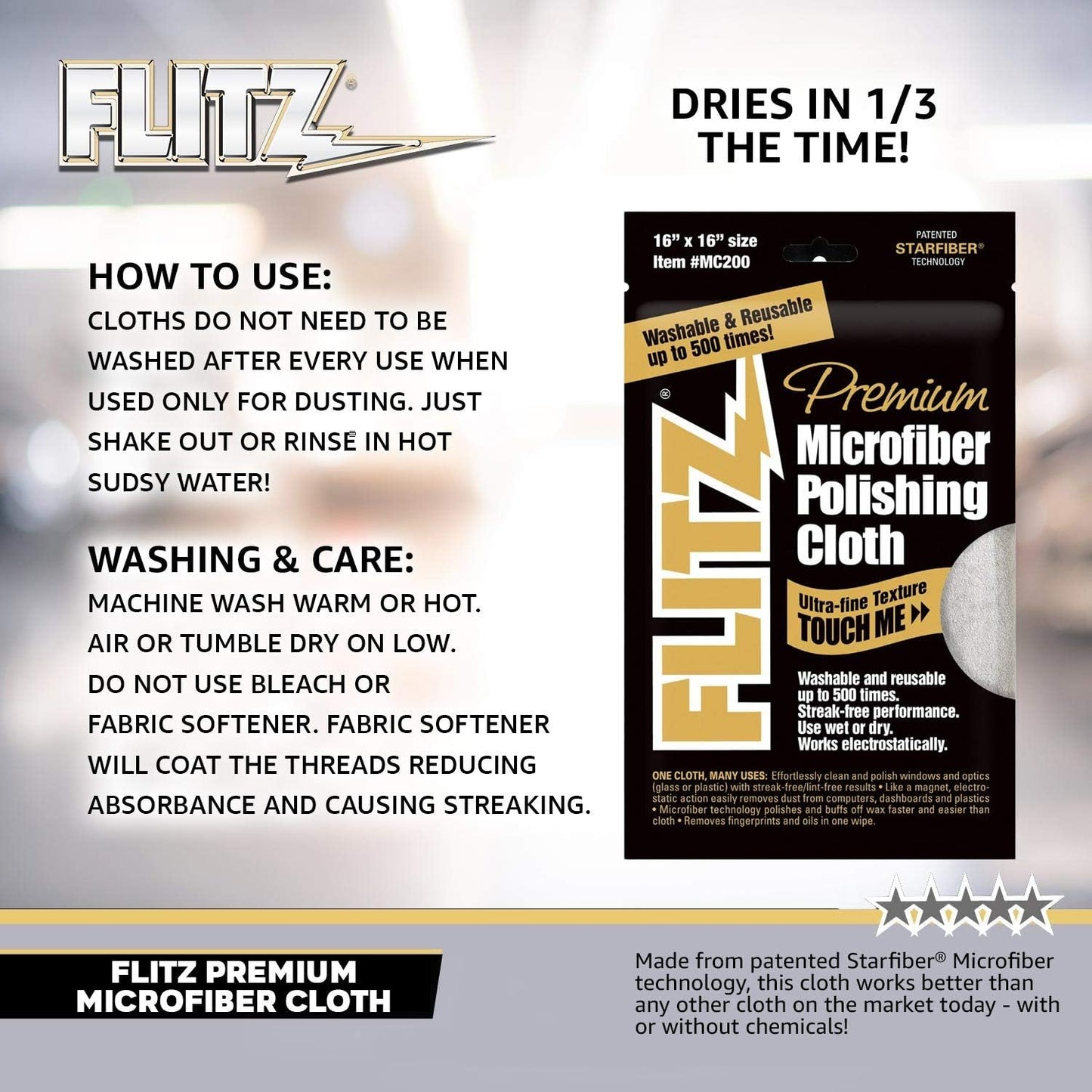 FLITZ MC-200 Reusable Microfiber Polishing Cloth - 16" x 16" Inch.