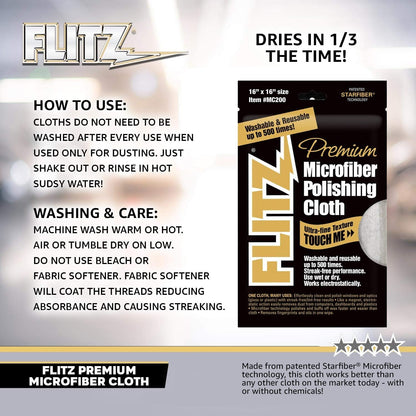FLITZ MC-200 Reusable Microfiber Polishing Cloth - 16" x 16" Inch.