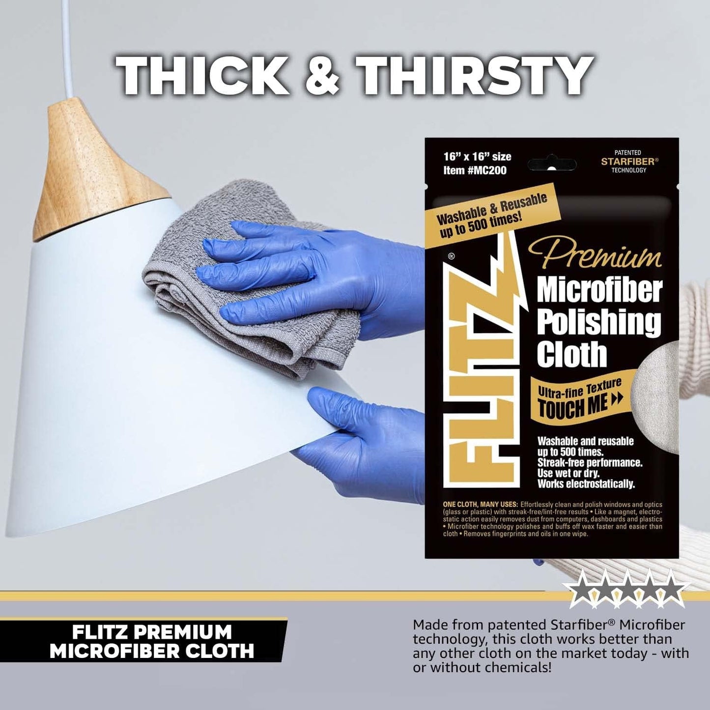 FLITZ MC-200 Reusable Microfiber Polishing Cloth - 16" x 16" Inch.