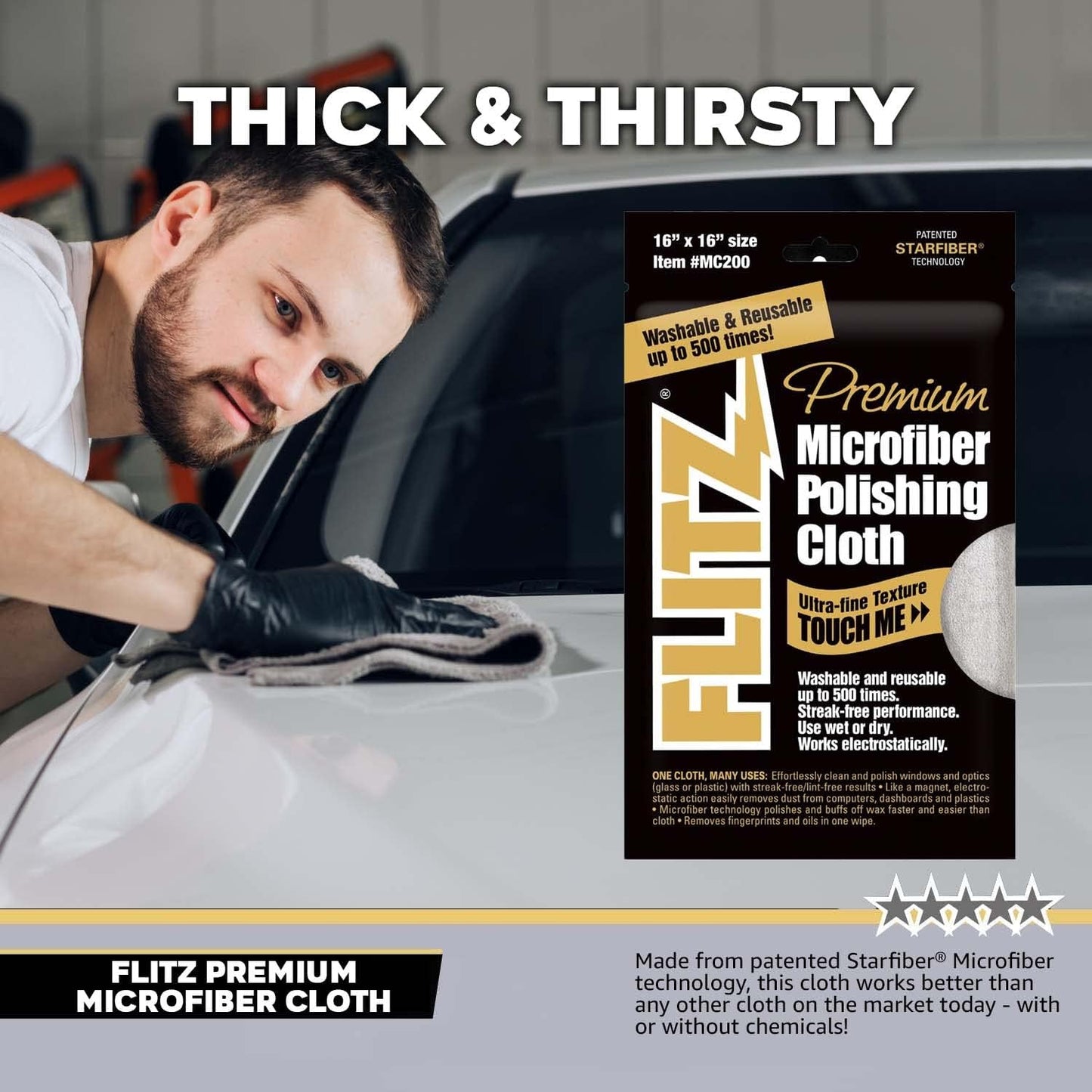FLITZ MC-200 Reusable Microfiber Polishing Cloth - 16" x 16" Inch.