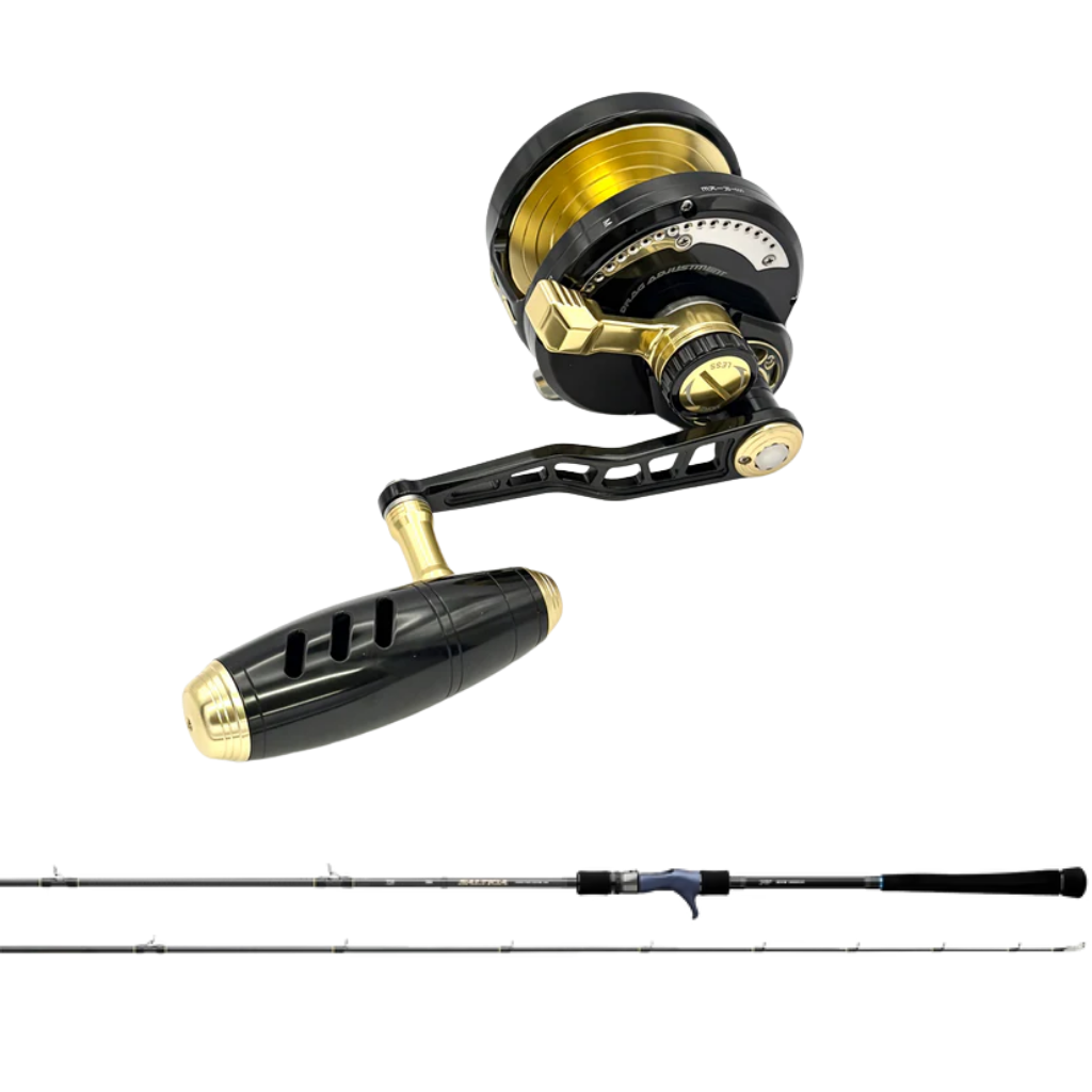 Fishing rod and reel set with black and gold finish on a white background