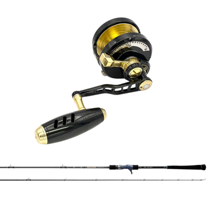 Fishing rod and reel set with black and gold finish on a white background