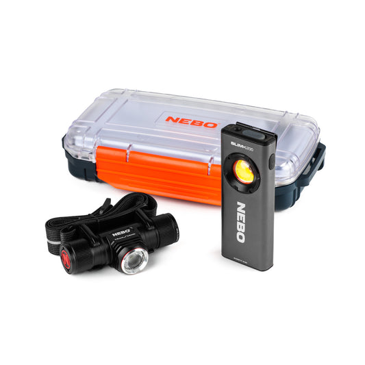 NEBO 3-Piece Travel Kit with Work Light and Headlamp Kit with Waterproof Dry Box.