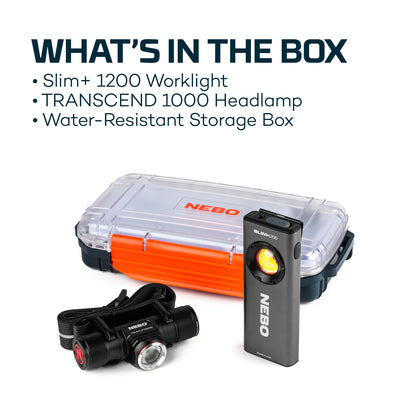 NEBO 3-Piece Travel Kit with Work Light and Headlamp Kit with Waterproof Dry Box.