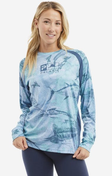 Pelagic Vaportek Women's Sideline Open Seas Camo Performance Fishing Shirt Long Sleeve