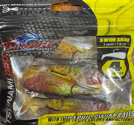 Tsunami Holographic Swim Shad 3"/7.6cm 3/8oz 4Pack Standard Hook Resealable Bag