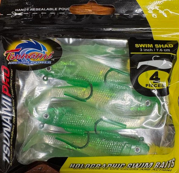 Tsunami Holographic Swim Shad 3"/7.6cm 3/8oz 4Pack Standard Hook Resealable Bag