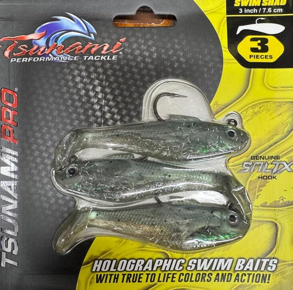Tsunami Holographic Swim Shad 3"/7.6cm 3/8oz 3Pack SALTX Hook Heavy Duty Resealable Storage Clam