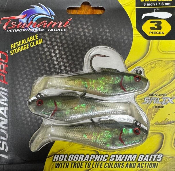Tsunami Holographic Swim Shad 3"/7.6cm 3/8oz 3Pack SALTX Hook Heavy Duty Resealable Storage Clam