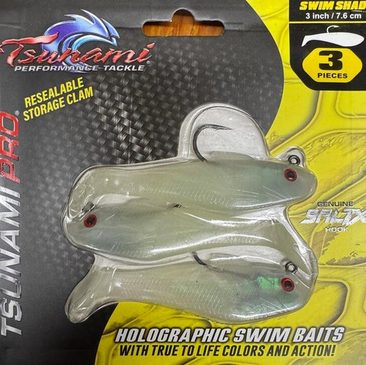 Tsunami Holographic Swim Shad 3"/7.6cm 3/8oz 3Pack SALTX Hook Heavy Duty Resealable Storage Clam