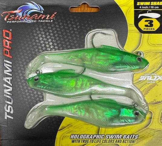Tsunami Holographic Swim Shad 4"/10cm 1oz 3Pack SALTX Hook Heavy Duty Resealable Storage Clam