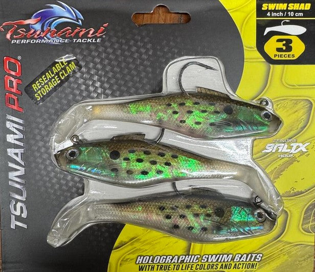 Tsunami Holographic Swim Shad 4"/10cm 1oz 3Pack SALTX Hook Heavy Duty Resealable Storage Clam