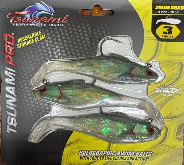 Tsunami Holographic Swim Shad 4"/10cm 1oz 3Pack SALTX Hook Heavy Duty Resealable Storage Clam