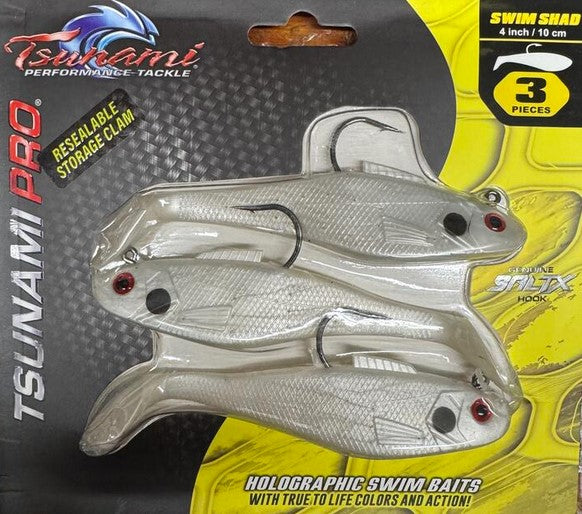 Tsunami Holographic Swim Shad 4"/10cm 1oz 3Pack SALTX Hook Heavy Duty Resealable Storage Clam