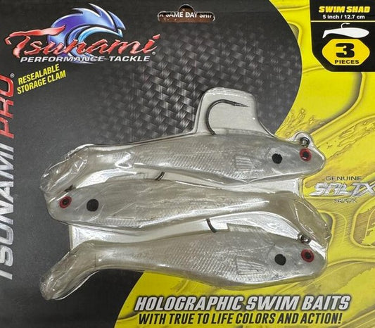 Tsunami Holographic Swim Shad 5"/12.7cm 1-3/8oz 3 Pack SALTX Hook Heavy Duty SS5-3