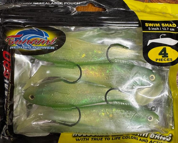 Tsunami Holographic Swim Shad 5"/12.7cm 1-3/8oz 4Pack Standard Hook Resealable Bag