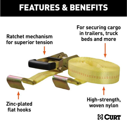 CURT 27' Yellow Cargo Strap with Flat Hooks (3,333 lbs.)
