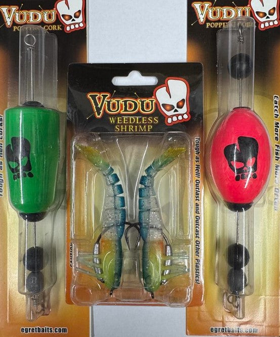 Egret Baits Vudu Double Trouble 3.5" Weedless Shrimp With 2 Popping Corks