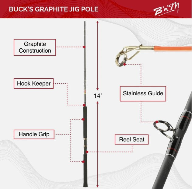 B'n'M BGJP143 Buck's Graphite Jig Fishing Pole 3-Piece 14'