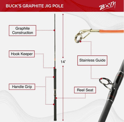 B'n'M BGJP143 Buck's Graphite Jig Fishing Pole 3-Piece 14'
