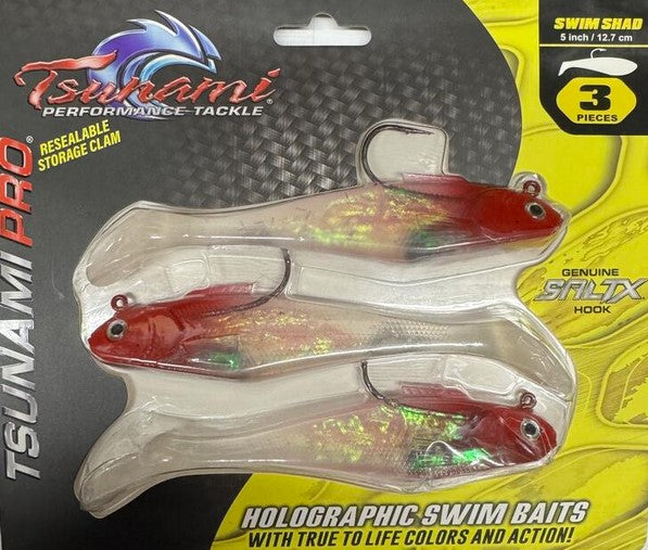 Tsunami Holographic Swim Shad 5"/12.7cm 1-3/8oz 3 Pack SALTX Hook Heavy Duty SS5-3