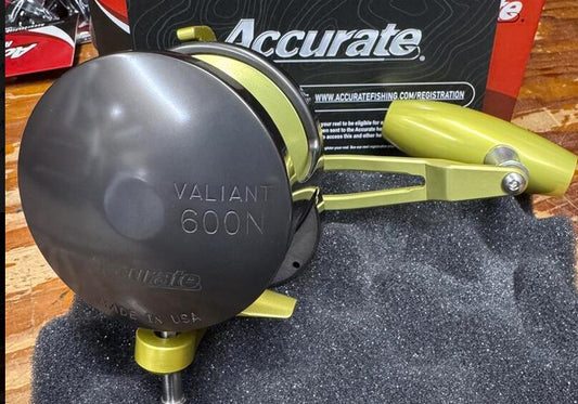 Accurate Valiant 600 Narrow 2-Speed Lefty BV2-600NL-SPJ Slow Pitch Jigging Gunmetal Yellow Reel