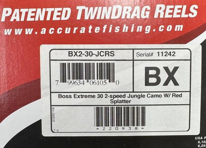 Accurate Boss Extreme 30 2-Speed BX2-30 Jungle Camo With Red Splatter Reel