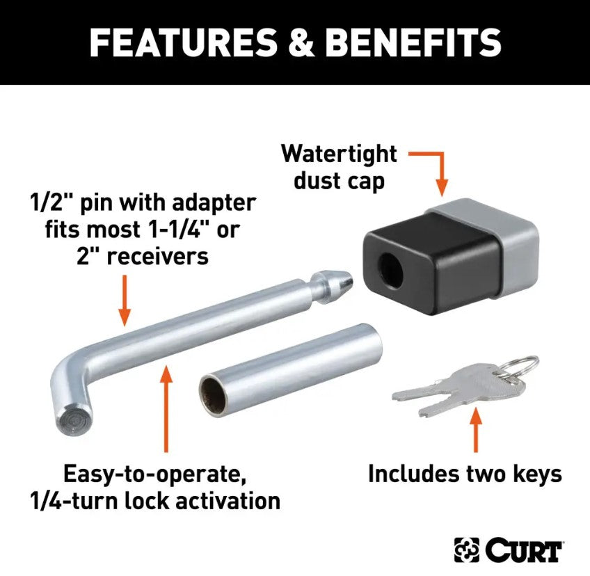 CURT 1/2" Hitch Lock with 5/8" Adapter (1-1/4" or 2" Receiver, Deadbolt, Chrome) #23024