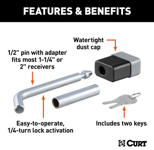 CURT 1/2" Hitch Lock with 5/8" Adapter (1-1/4" or 2" Receiver, Deadbolt, Chrome) #23024