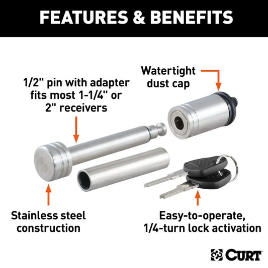 CURT 1/2" Hitch Lock with 5/8" Adapter (1-1/4" or 2" Receiver, Barbell, Stainless) #23517