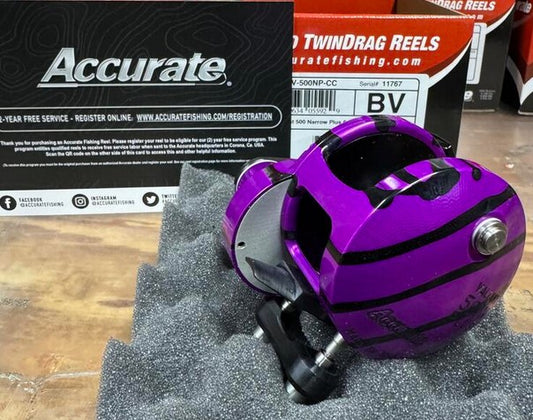 Accurate Valiant BV-500NP Narrow Plus Custom Purple Black Conventional Reel Next-Gen Round Knob