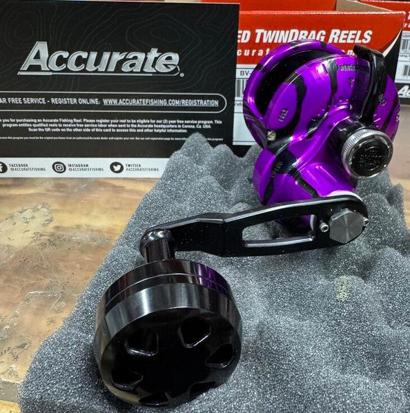 Accurate Valiant  BV-500NLP Narrow Plus Lefty Custom Purple Black Conventional Reel Next-Gen Round Knob