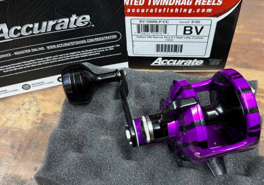 Accurate Valiant  BV-500NLP Narrow Plus Lefty Custom Purple Black Conventional Reel Next-Gen Round Knob