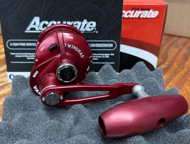 Accurate Valiant 2 500 Narrow Lefty VT Matte Wine Red Jigging Conventional Reel