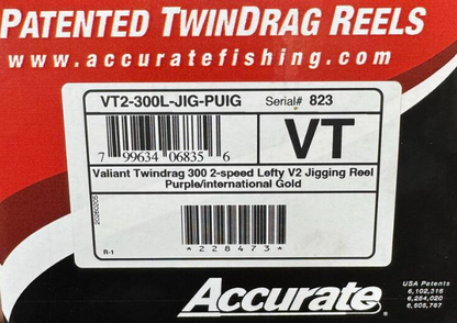 Accurate Valiant 2 300 2-Speed Lefty VT2 Custom Purple Gold Jigging Conventional Reel
