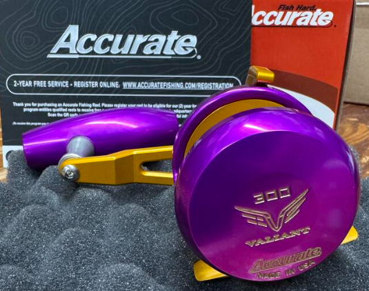 Accurate Valiant 2 300 2-Speed Lefty VT2 Custom Purple Gold Jigging Conventional Reel