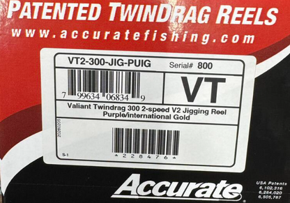 Accurate Valiant 2 300 2-Speed VT2 Custom Purple Gold Jigging Conventional Reel
