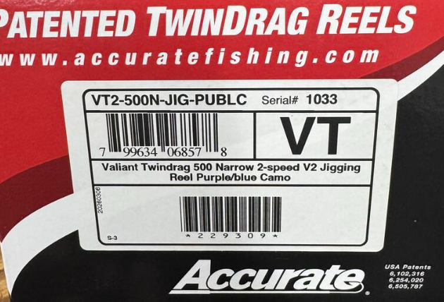 Accurate Valiant 2 500 Narrow 2-Speed VT2 Custom Purple Blue Camo Jigging Conventional Reel