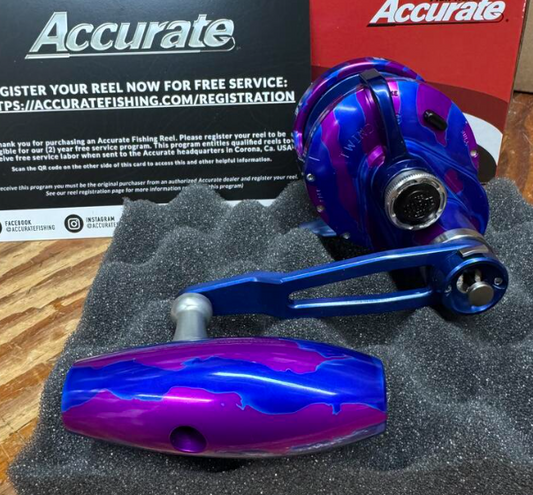 Accurate Valiant 2 500 Narrow 2-Speed VT2 Custom Purple Blue Camo Jigging Conventional Reel
