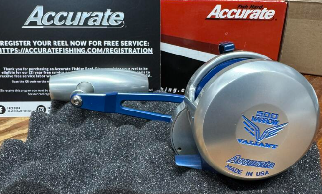 Accurate Valiant 2 500 Narrow 2-Speed VT2 Custom Silver Blue Slow Pitch Jigging Conventional Reel