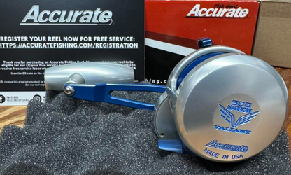 Accurate Valiant 2 500 Narrow 2-Speed VT2 Custom Silver Blue Slow Pitch Jigging Conventional Reel
