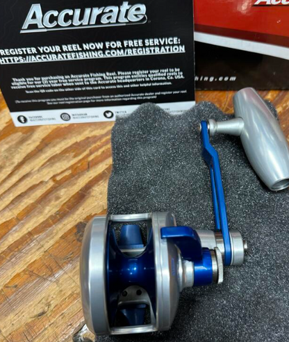 Accurate Valiant 2 500 Narrow 2-Speed VT2 Custom Silver Blue Slow Pitch Jigging Conventional Reel