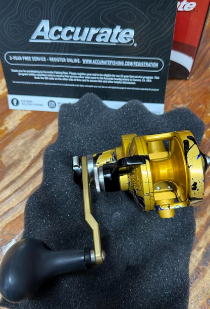 Accurate Valiant 300 2-Speed Clicker Lefty Custom Gold Blue Black Splatter Conventional Reel